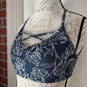 Marika Moana Peacoat White Brush Stroke Flower Lace Front Sports Bra